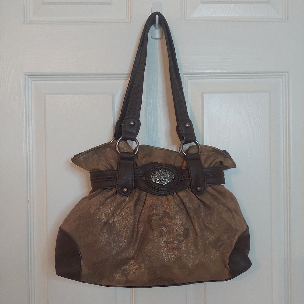 Bueno Brown Leather Mixed Media Belted Y2K Cinched Shoulder Bag Boho Western